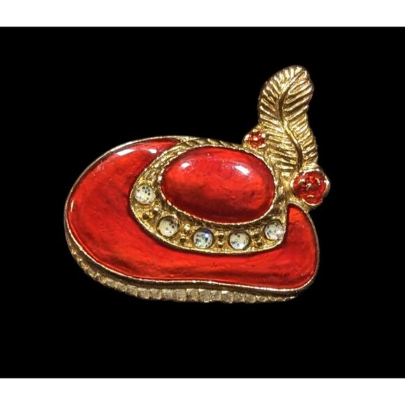 Vintage Red Enamel And Gold Tone Hat Shaped Brooch - Picture 1 of 4